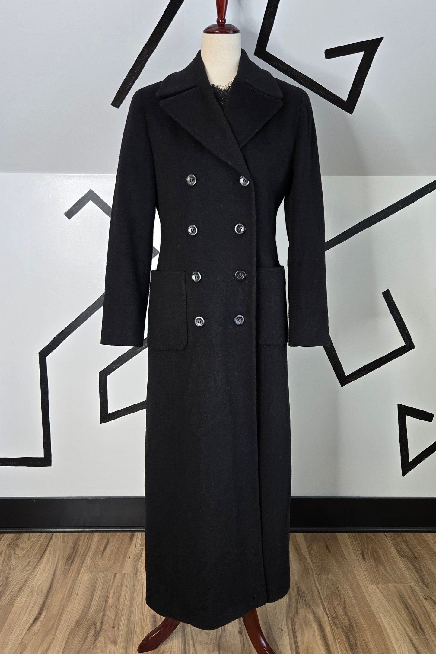 Perry Ellis Vintage Black Merino Wool Long Peacoat - size 8