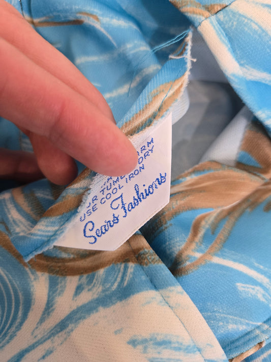 Sears Vintage 60s Blue Feather Print Dress - large