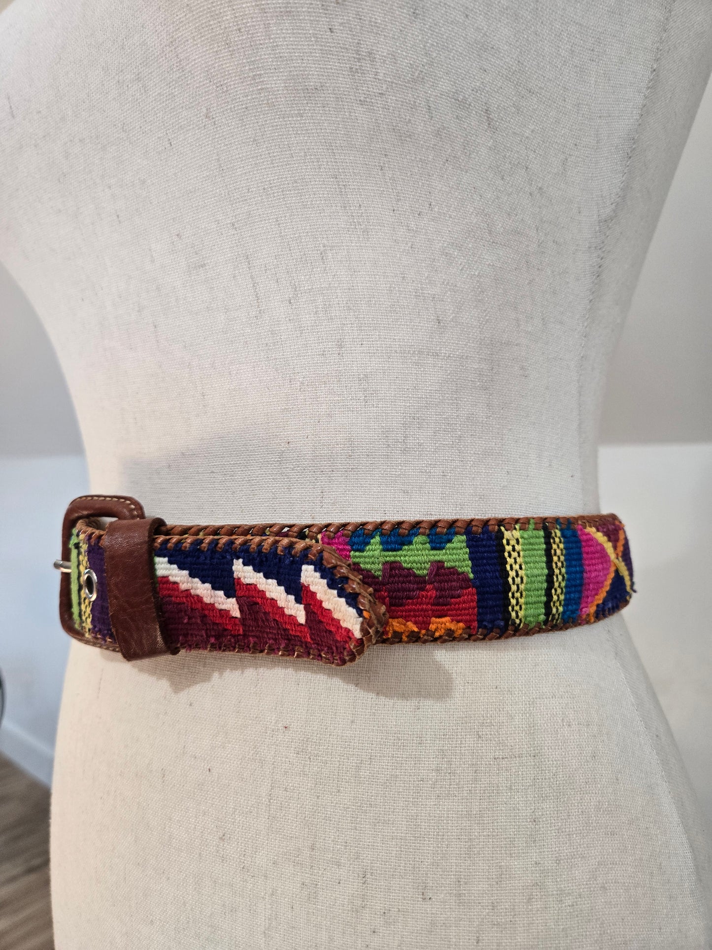 Vintage Leather and Colorful Woven Belt - W32-36"