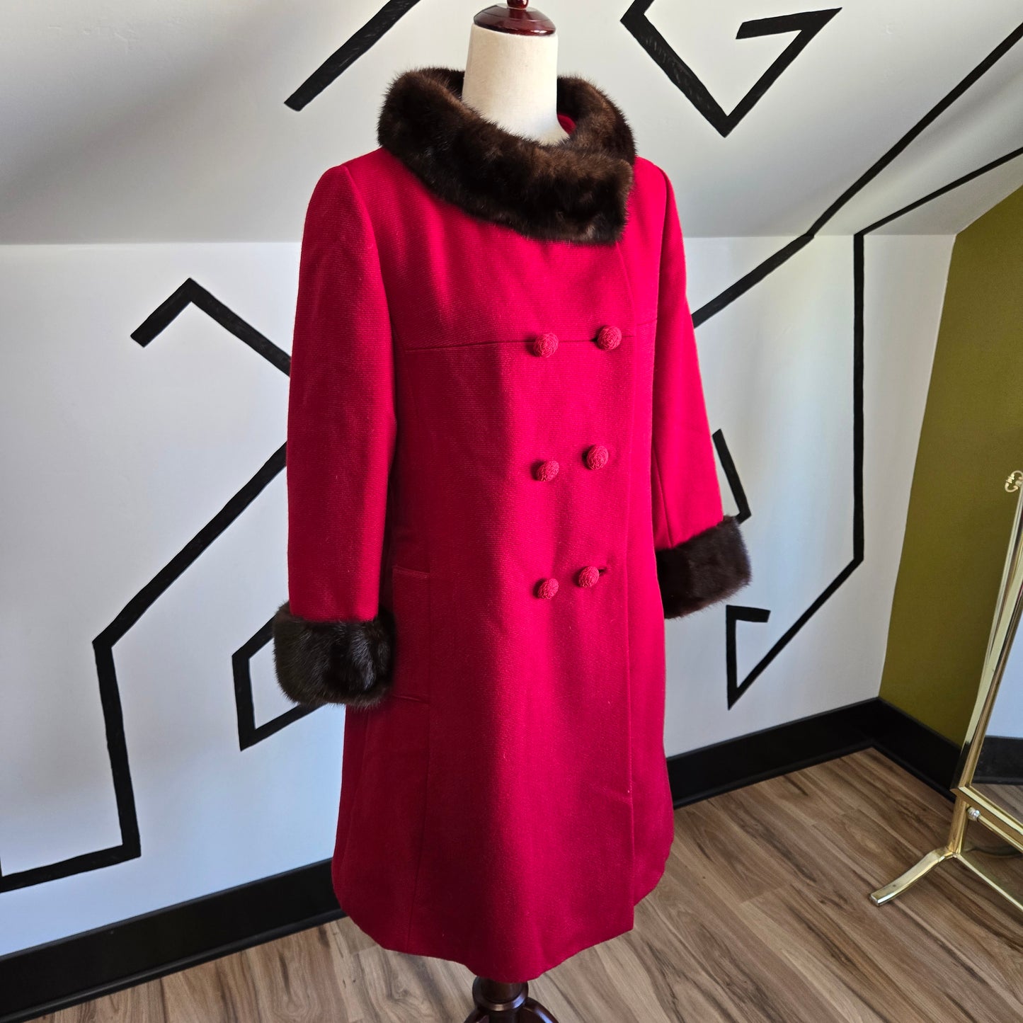 Holly Gab 1960s Red Australian Worsted Wool and Mink Fur Swing Coat - Medium