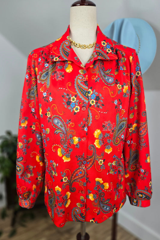 Ro-Vel of California Vintage 70s Red Paisley and Floral Print Top - large