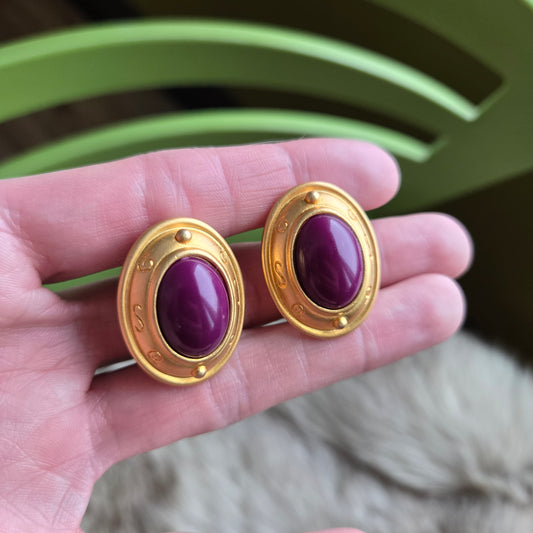 Vintage Matte Deep Fuchsia Gold Tone Earrings - Clip On