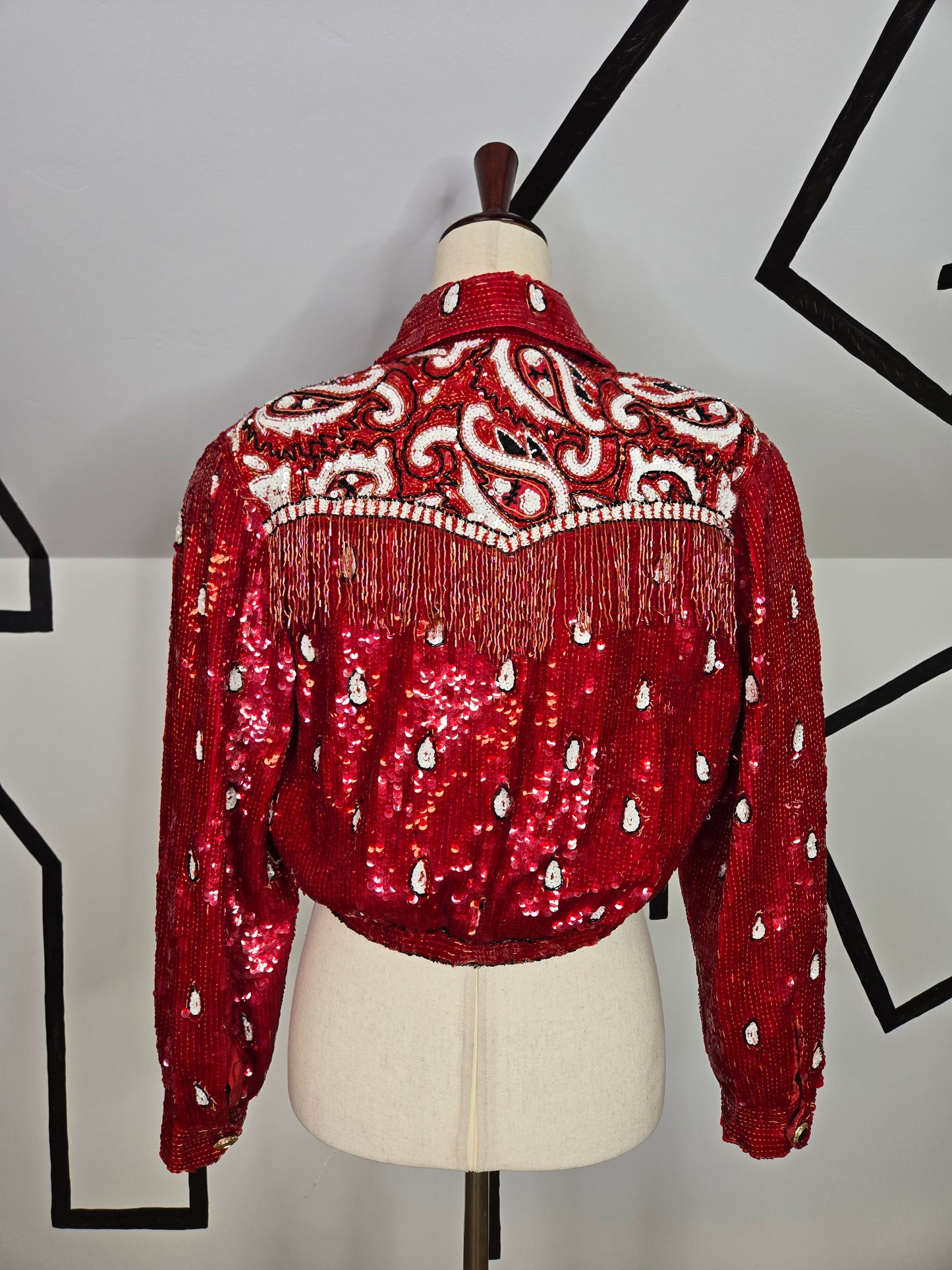 Lillie Rubin Vintage Sequin Western Crop Silk Jacket with Beaded Fringe - small