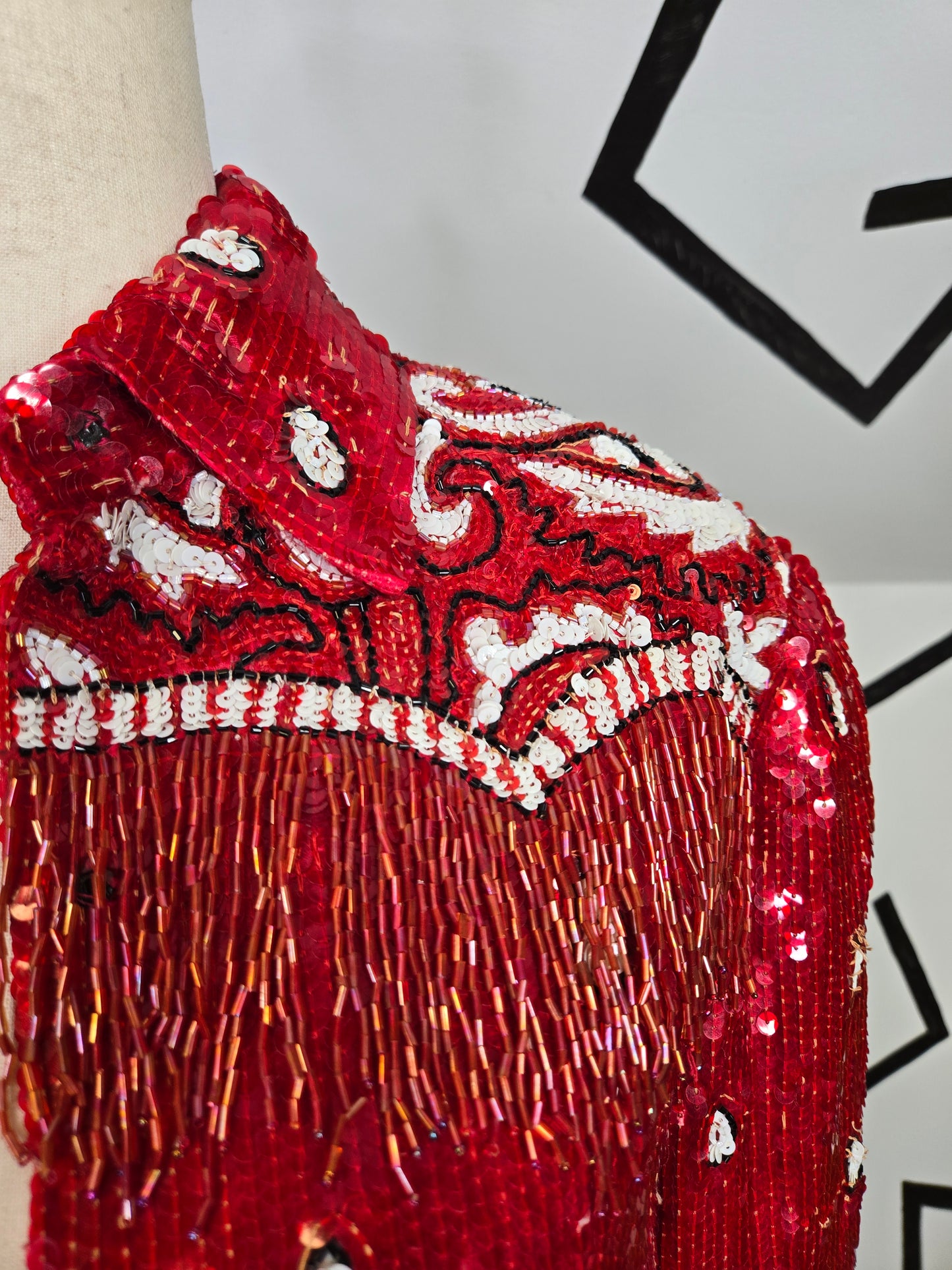 Lillie Rubin Vintage Sequin Western Crop Silk Jacket with Beaded Fringe - small