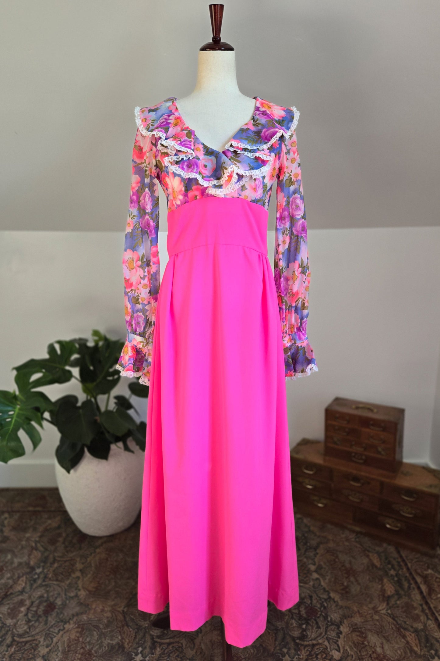 Vintage 1970s Hot Pink Flower Power Maxi Dress - medium