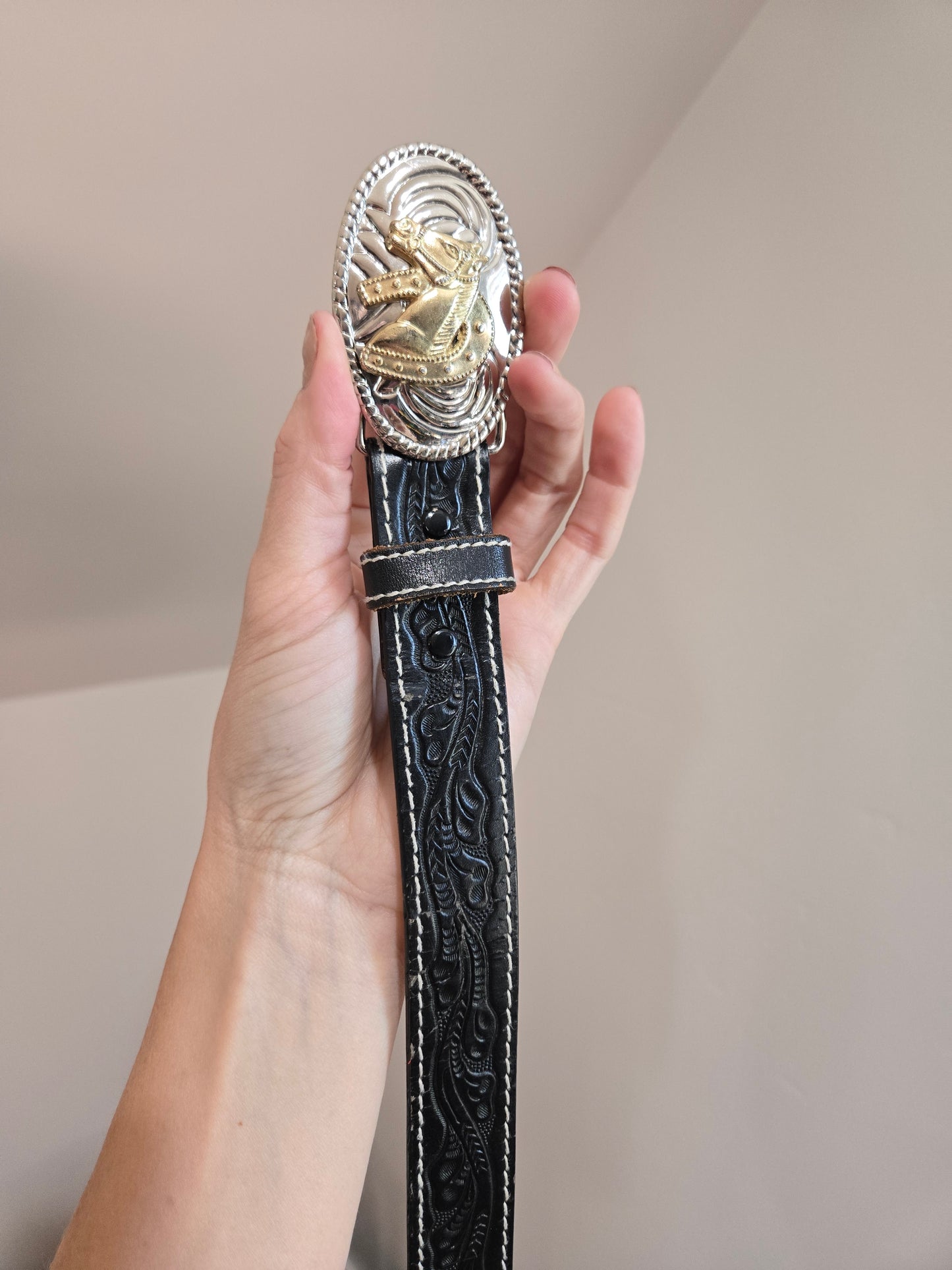 Tooled Leather Western Belt with Two Tone Horse Buckle - W29-33"