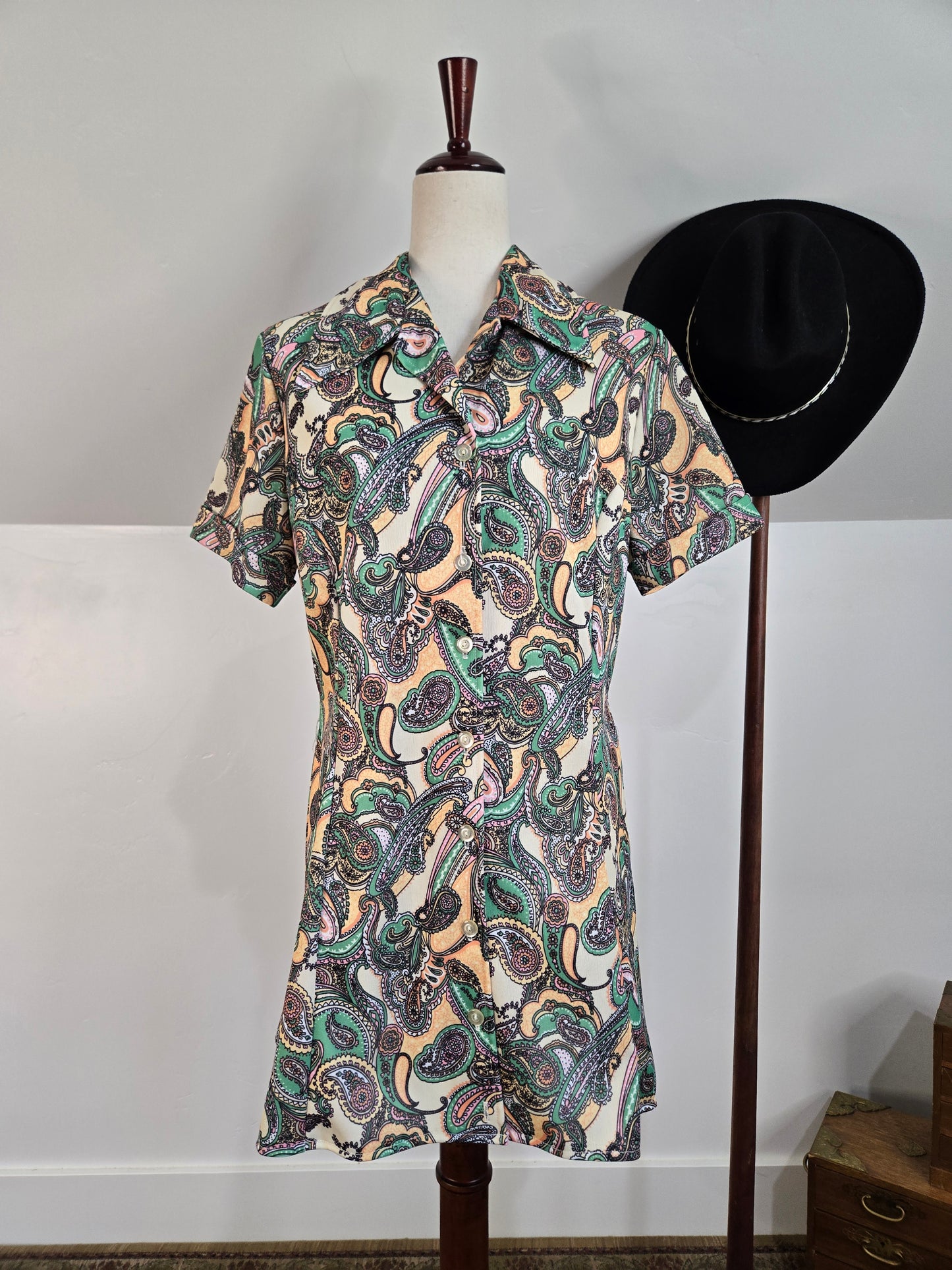 Vintage 70s Paisley Print Mini Dress - large