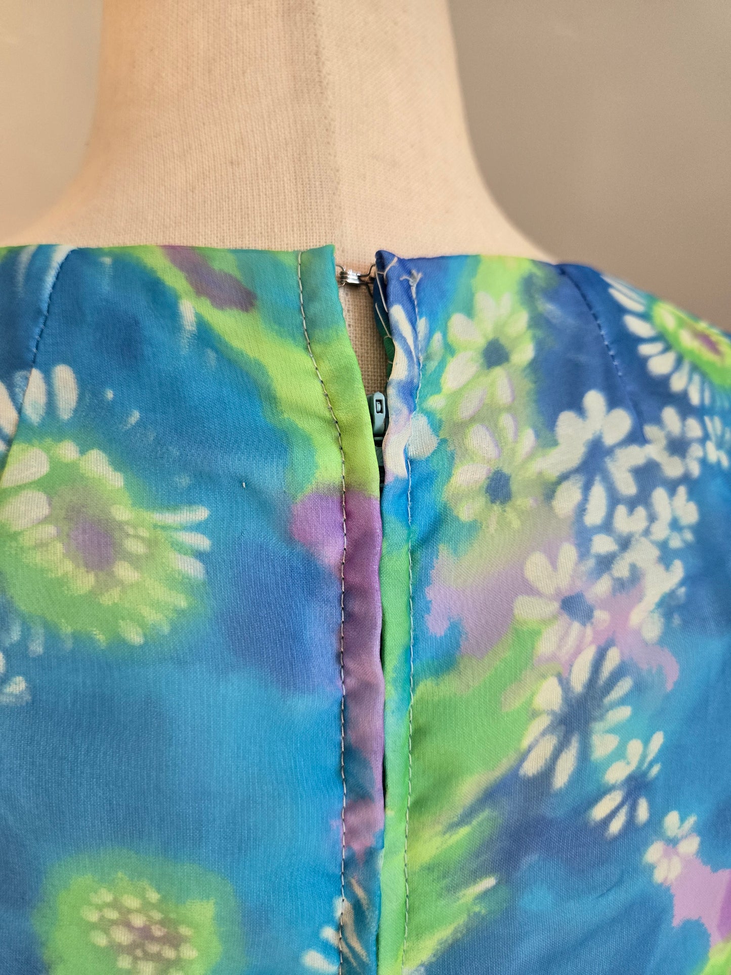 Vintage 70s Blue and Purple Psychedelic Floral Print Maxi Dress -