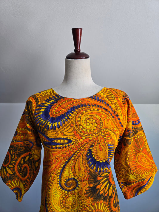 Vintage Barkcloth Orange Psychedelic Dayglo Print Maxi Dress - XS/S