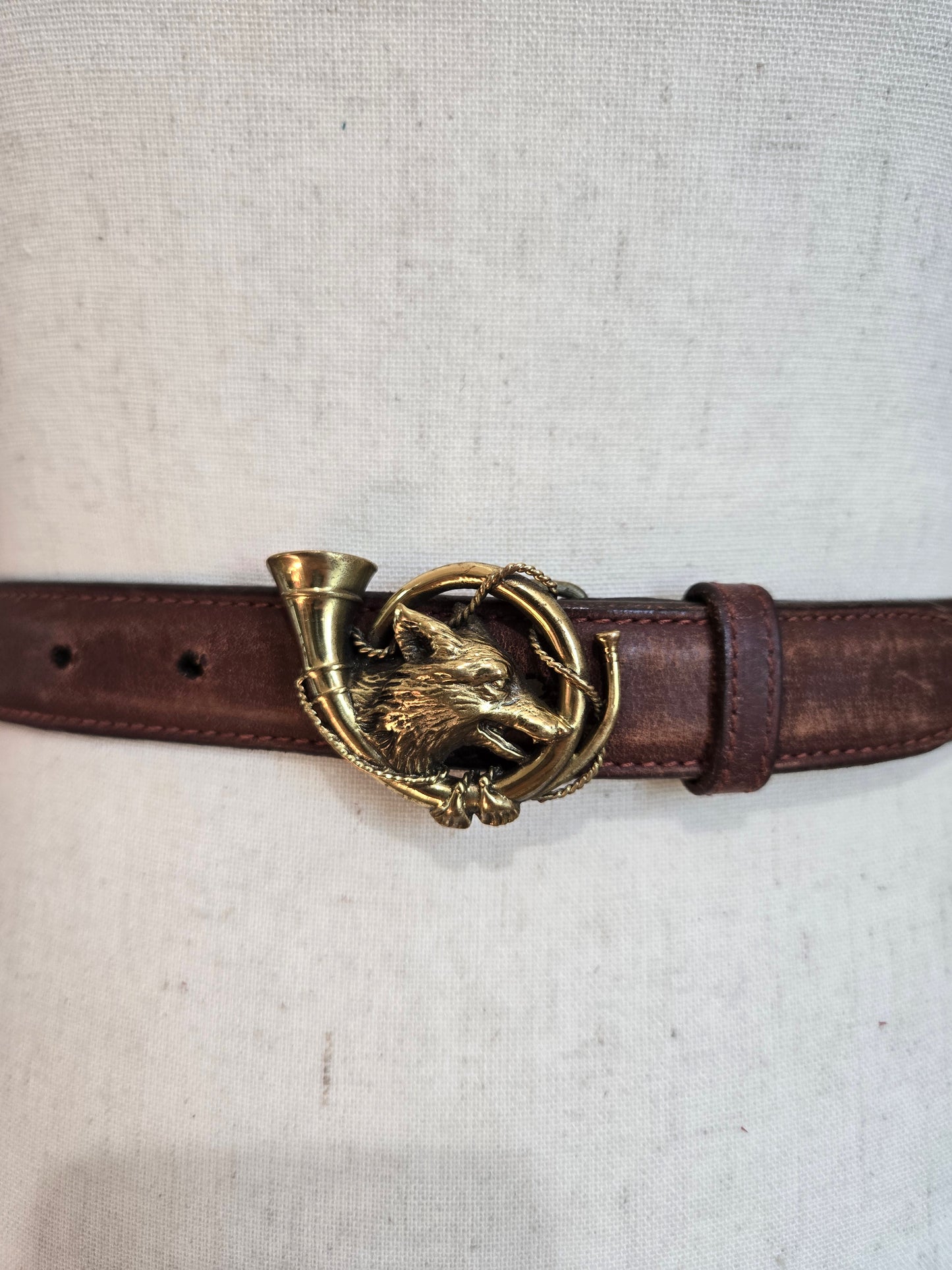 Vintage Polo Ralph Lauren Leather Belt with Fox and Horn Brass Buckle - W26-30"