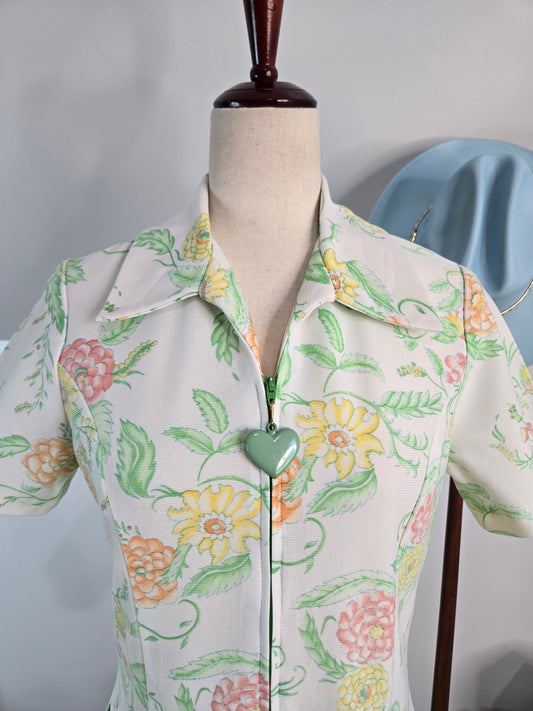 Vintage 60s Florals and Birds Housedress with Heart Zipper - small/medium