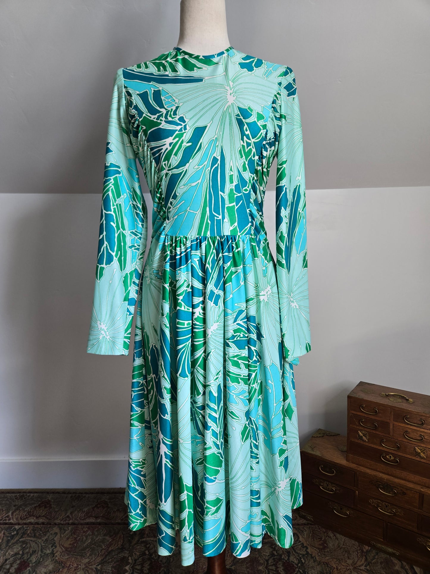 Rona California Vintage 70s Blue/Green Psychedelic Dress - medium