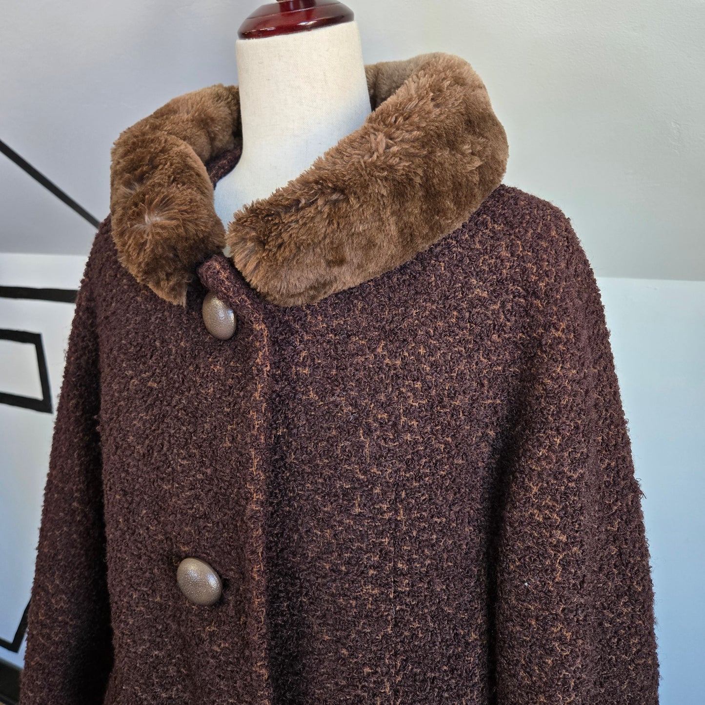 Vintage 1950s Union Made Curly Wool Peacoat with Brown Fur Collar - Large