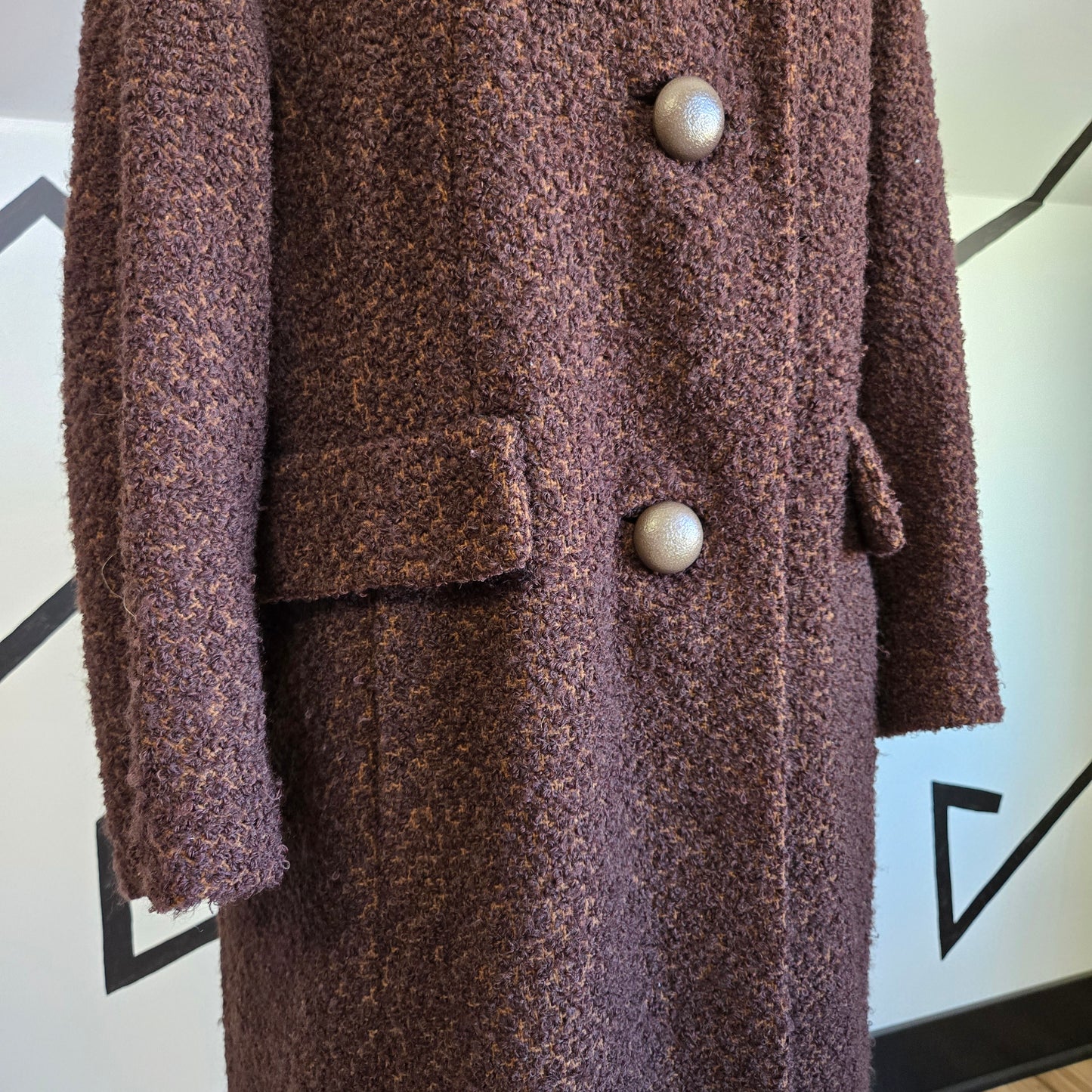 Vintage 1950s Union Made Curly Wool Peacoat with Brown Fur Collar - Large