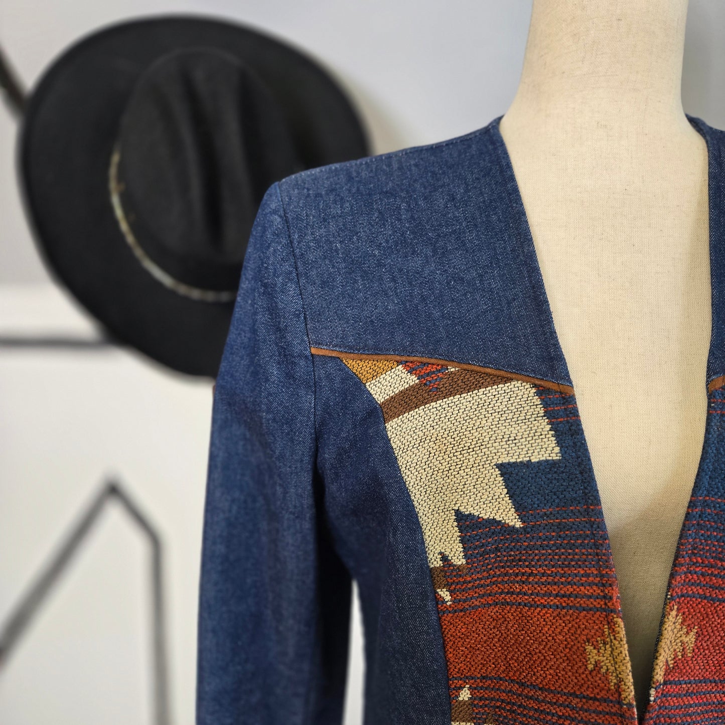 Pioneer Wear Vintage 80s Denim and Tapestry Crop Jacket - Large