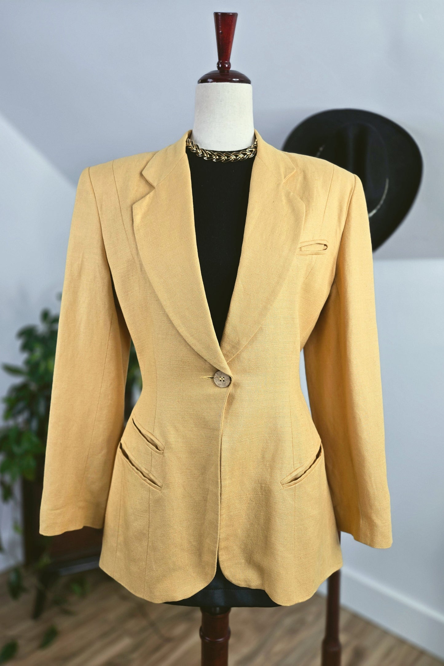 Moschery Vintage Mustard Yellow Linen Peplum Back Blazer - medium