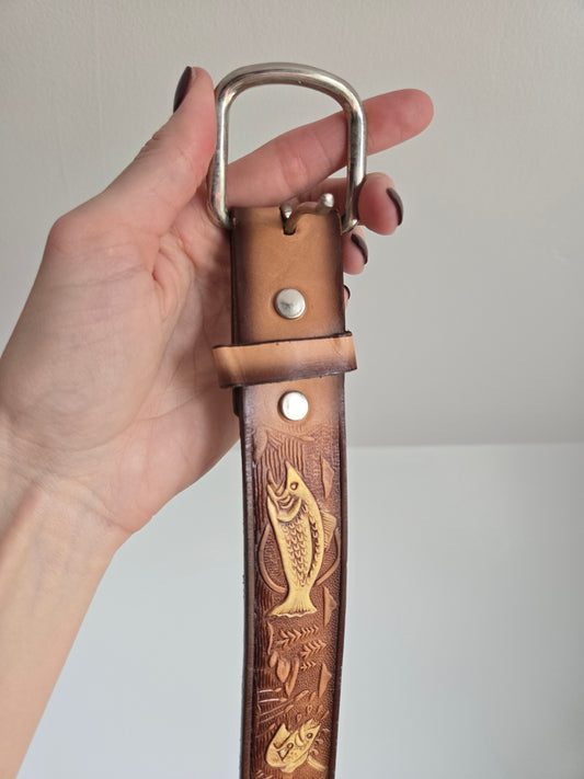 Made in Mexico Tooled Leather Belt in Fishing Pattern - W28-32"