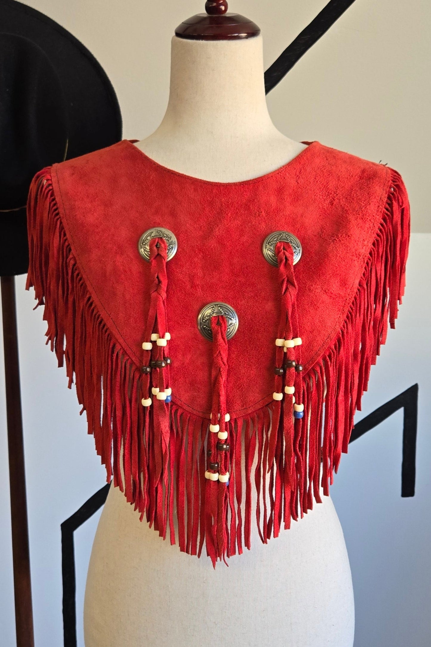 Steer Brand Red Genuine Suede Leather Fringe Cape - OS