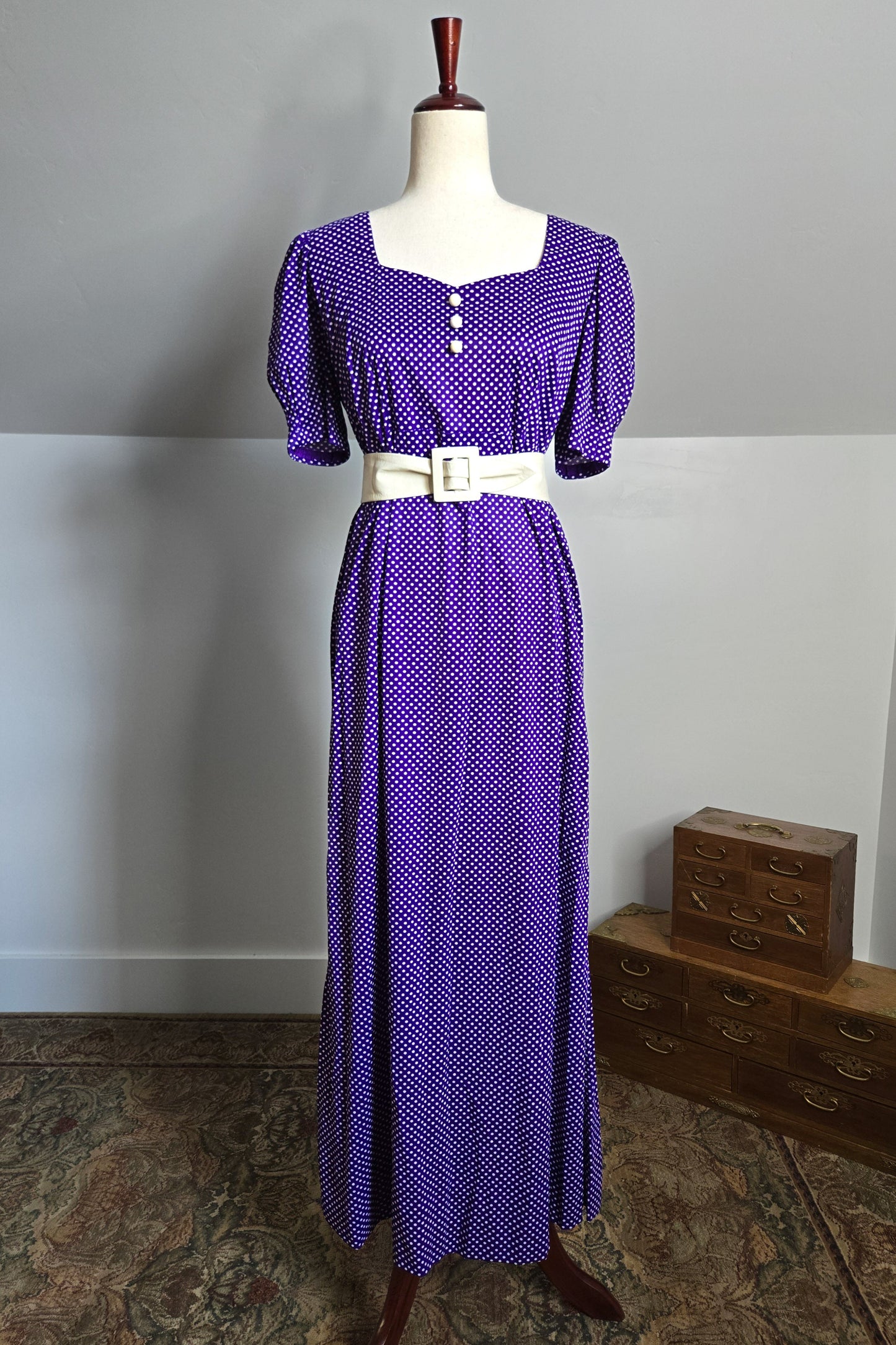 Vintage 60s Nylon Purple Polka Dot Sweetheart Dress - large