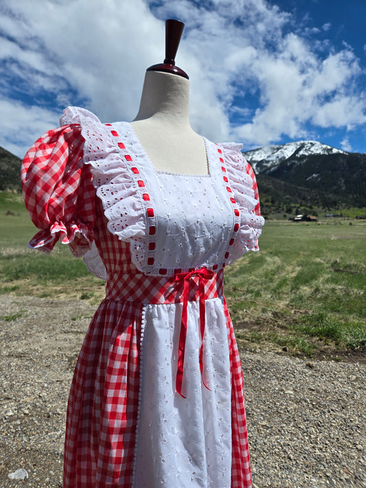 Vintage 60s Prairecore Red Gingham Dress with Eyelet Lace - small/medium