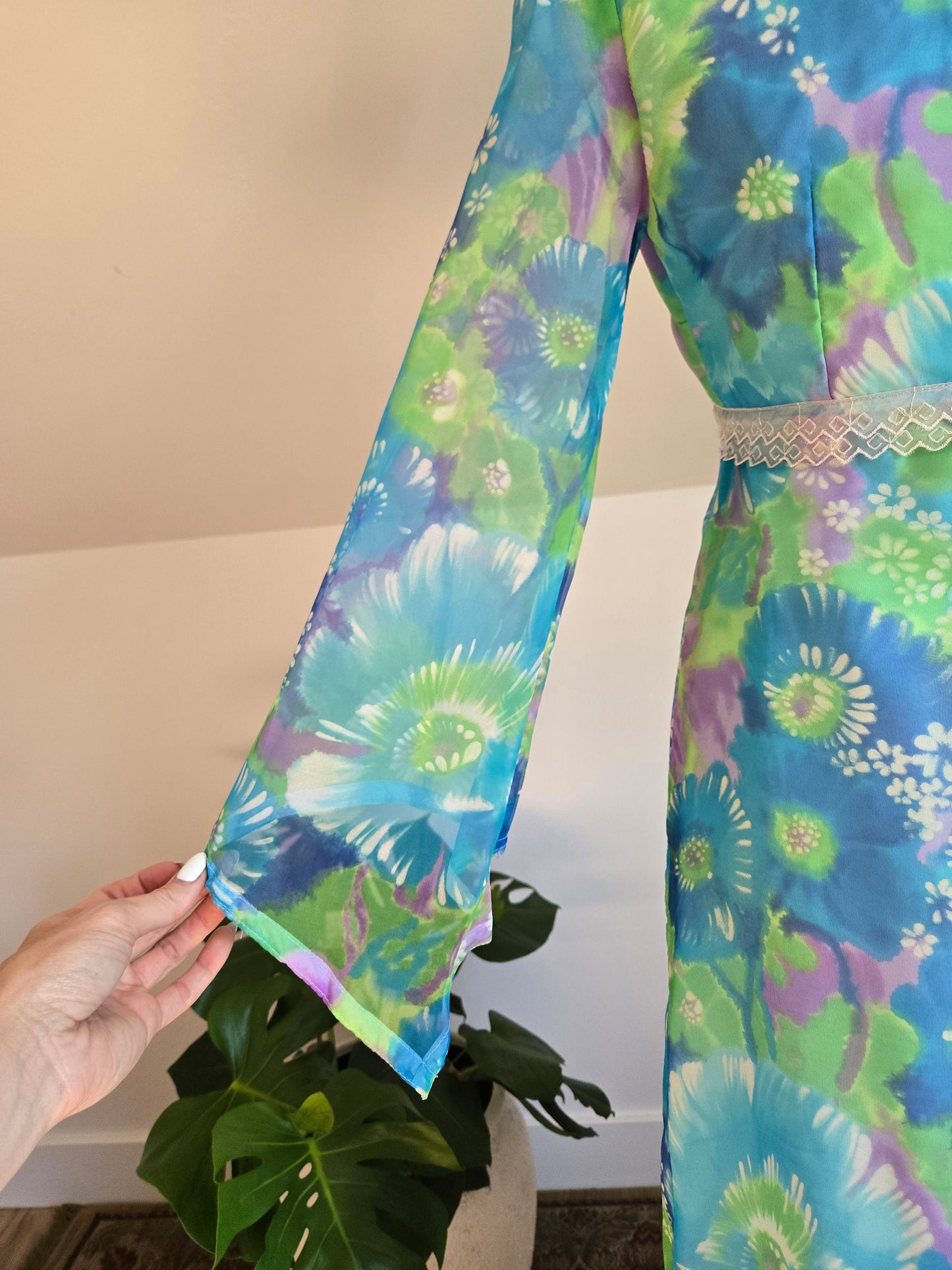 Vintage 70s Blue and Purple Psychedelic Floral Print Maxi Dress -