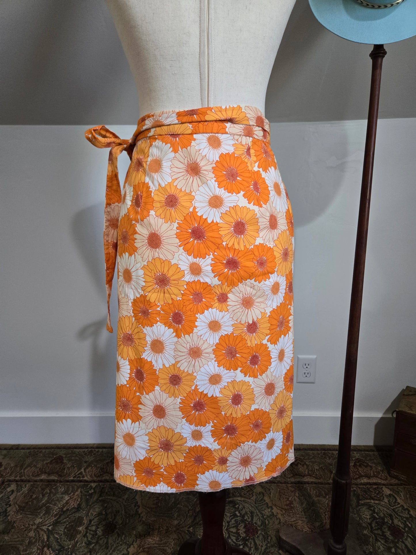 Vintage Orange Cotton Flower Power Wrap Skirt - S/M