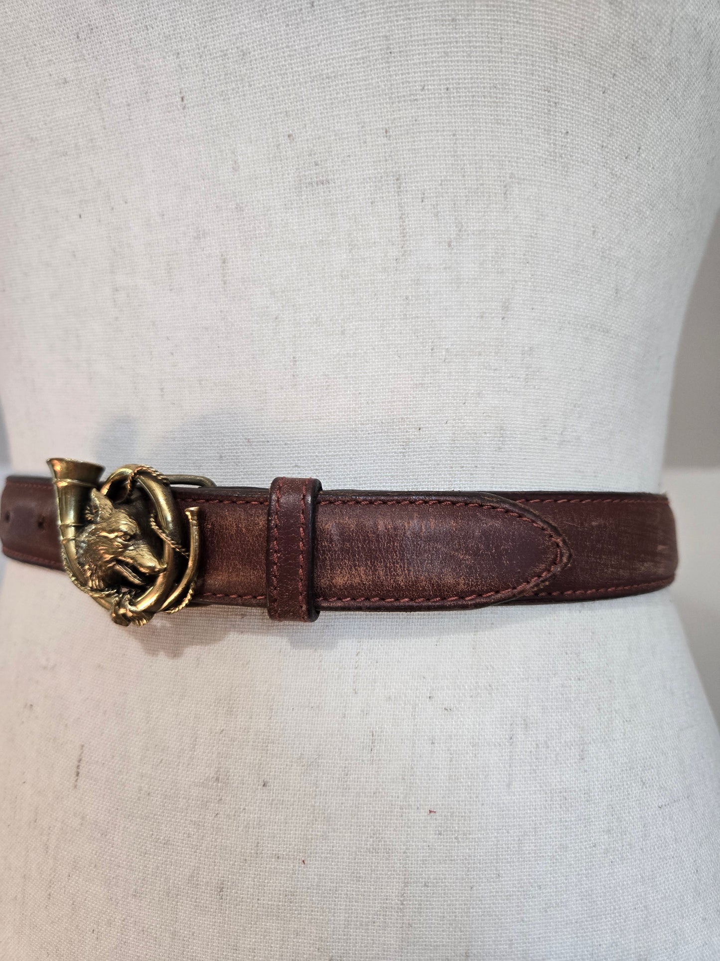 Vintage Polo Ralph Lauren Leather Belt with Fox and Horn Brass Buckle - W26-30"