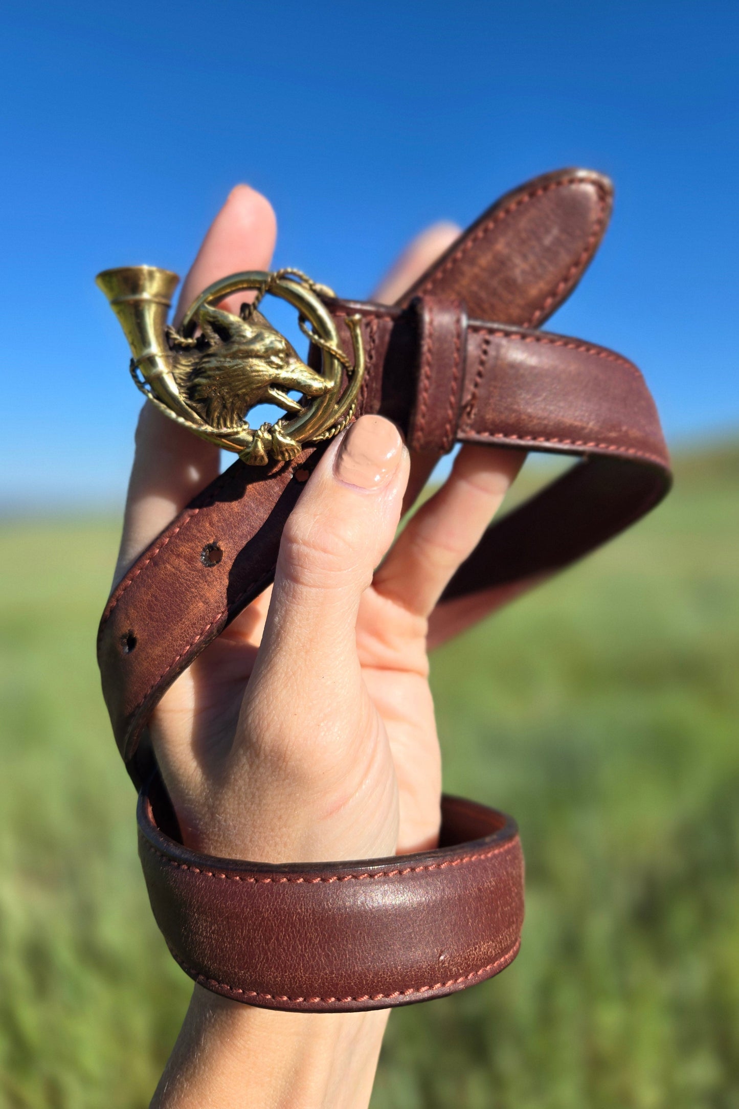 Vintage Polo Ralph Lauren Leather Belt with Fox and Horn Brass Buckle - W26-30"