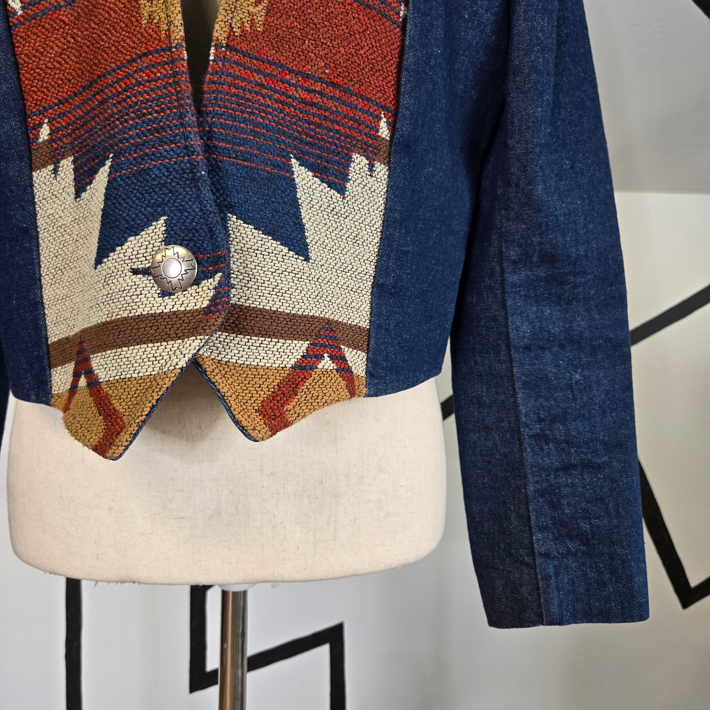 Pioneer Wear Vintage 80s Denim and Tapestry Crop Jacket - Large