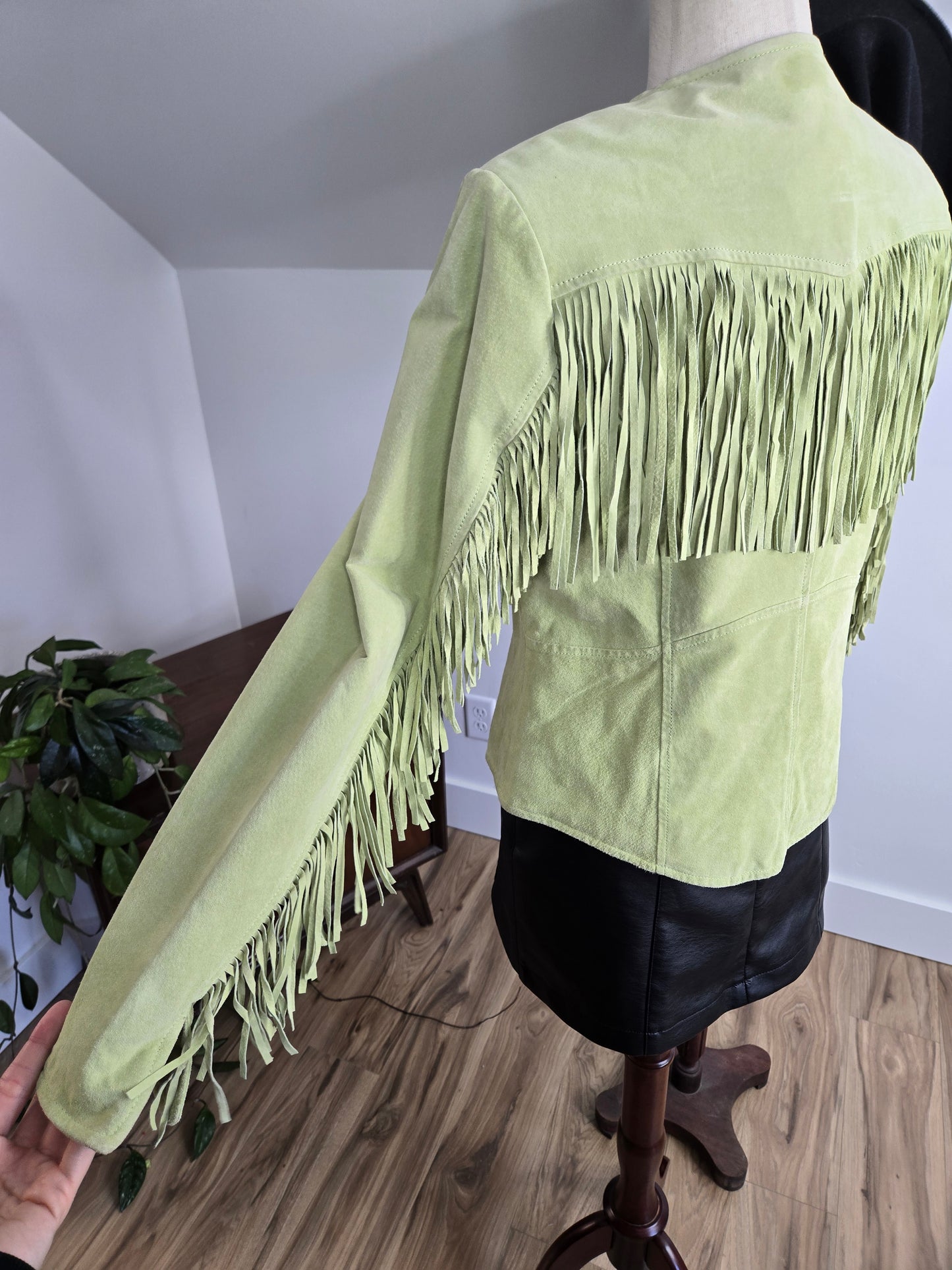 Deadstock Lime Green Suede Leather Fringe Jacket - Meidum