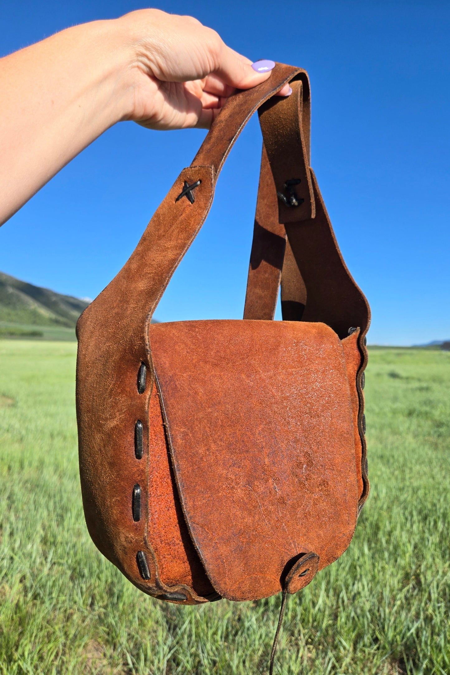 Vintage Hand Made Thick Suede Saddle Leather Bag