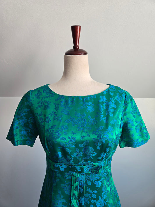 1950s Jacquard Floral Blue Dress - small