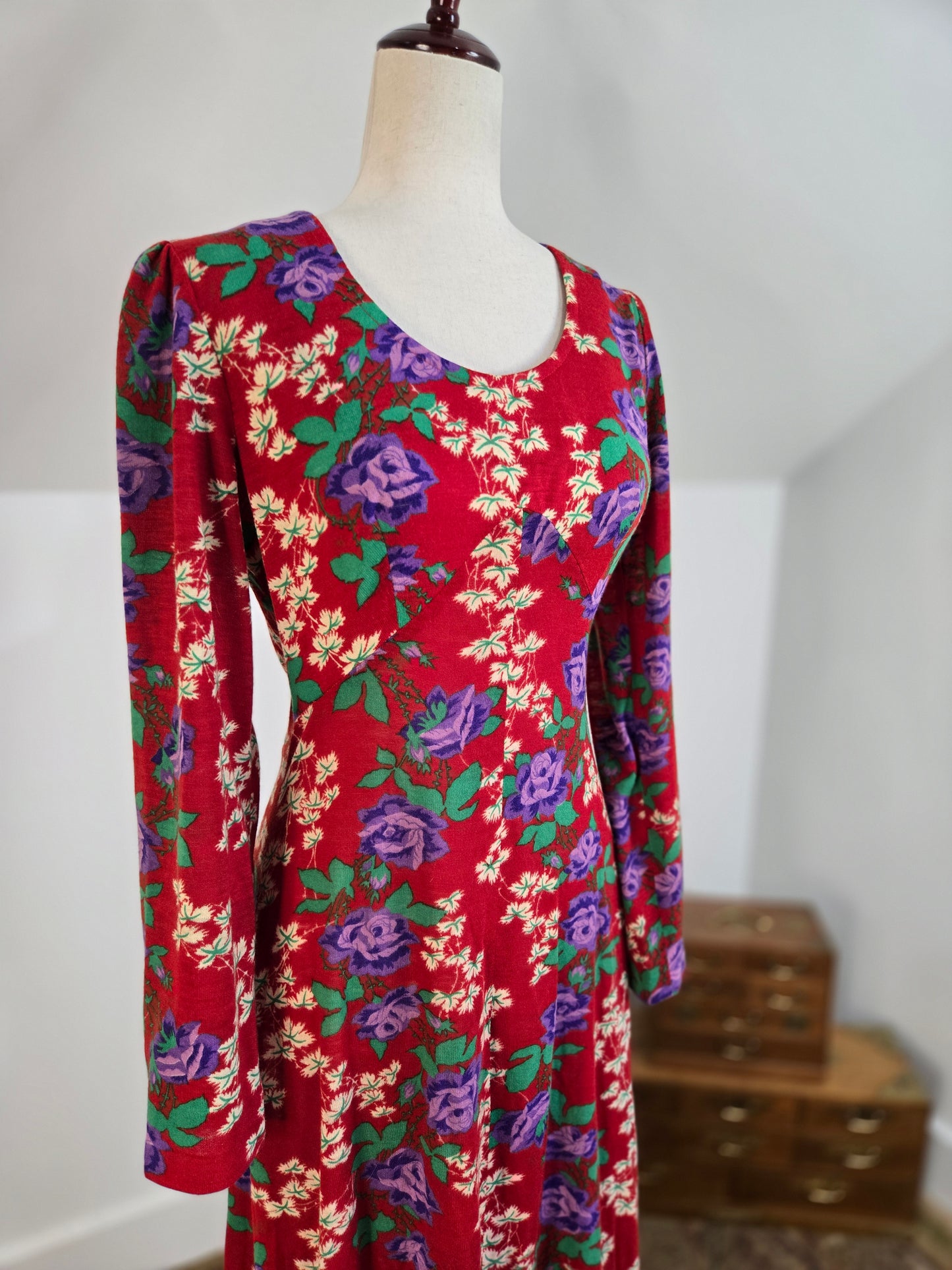 Vintage 70s Red Floral Psychedelic Print Maxi Dress - Small