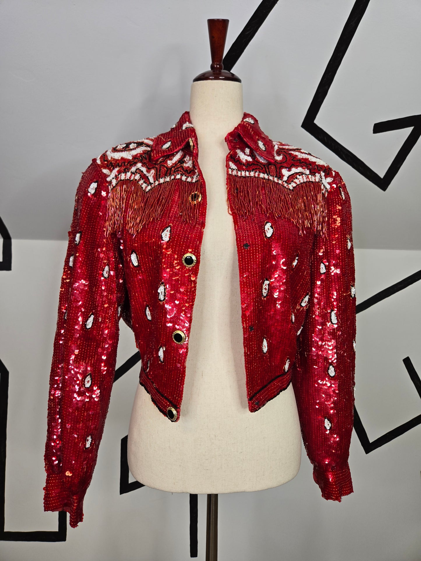 Lillie Rubin Vintage Sequin Western Crop Silk Jacket with Beaded Fringe - small