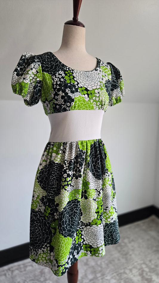 Vintage 1960s Green Dayglo Mini Dress with Puff Sleeve - small