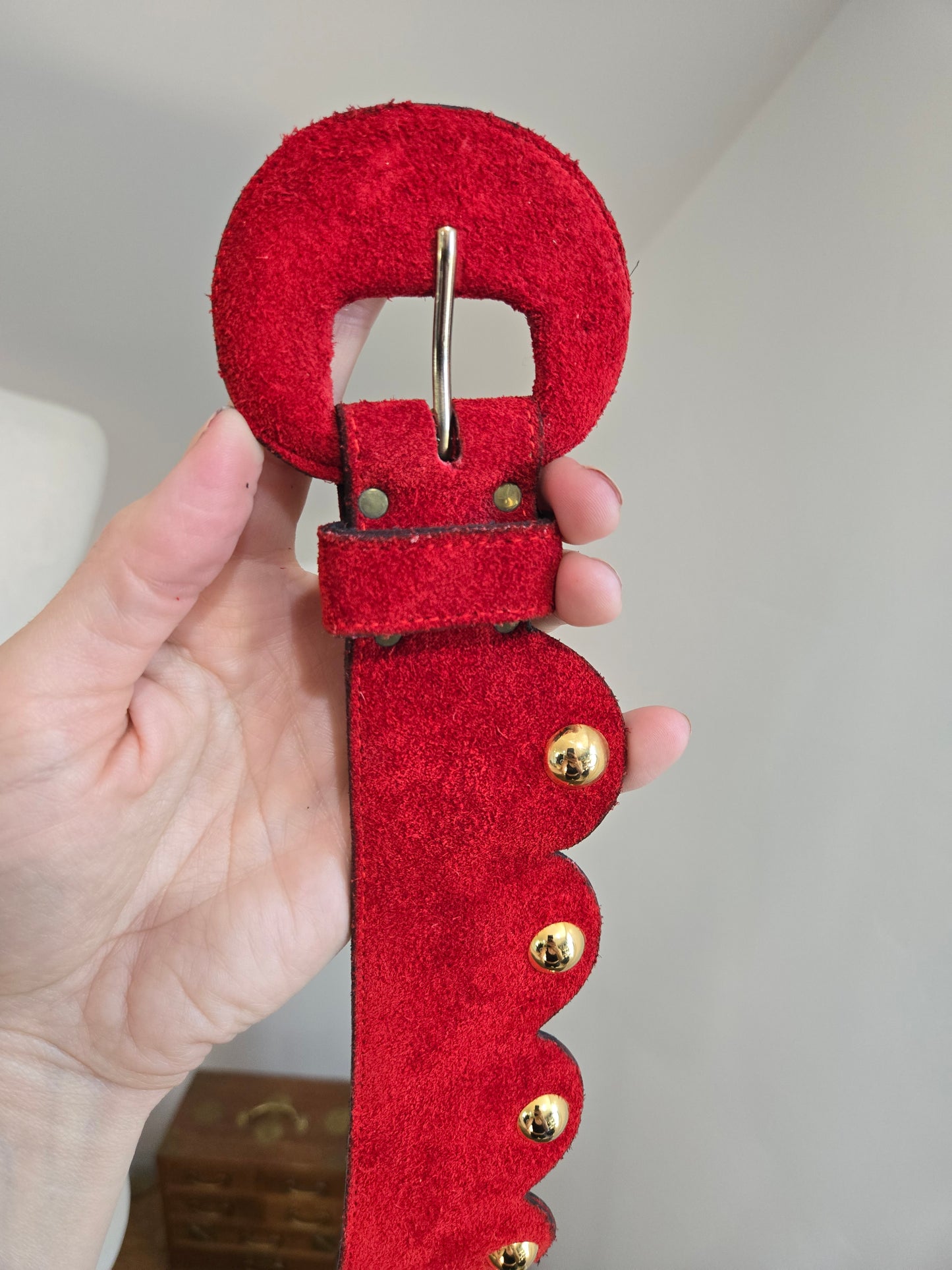 Vintage Genuine Red Suede Leather Belt with Gold Studs - W30-32"