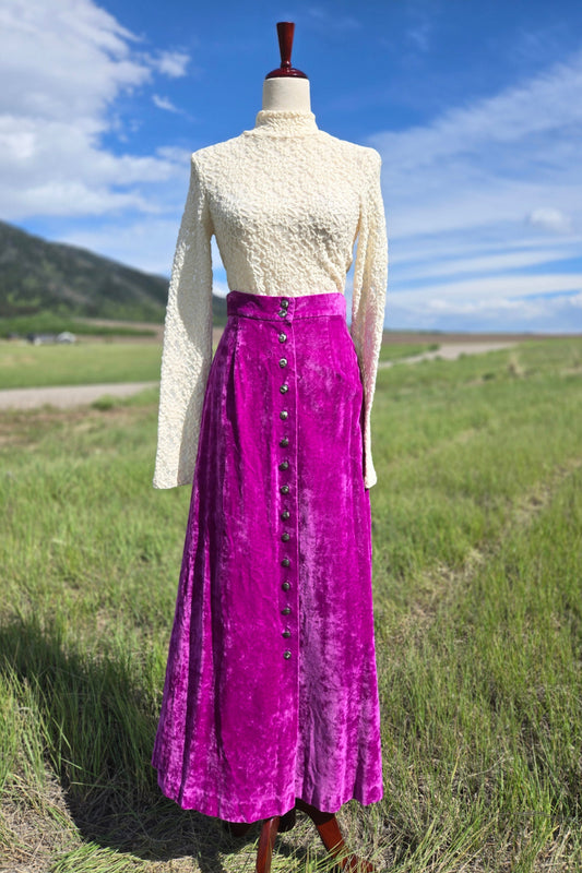 Montgomery Ward Vintage 70s Fuchsia Crushed Velvet Maxi Skirt - small