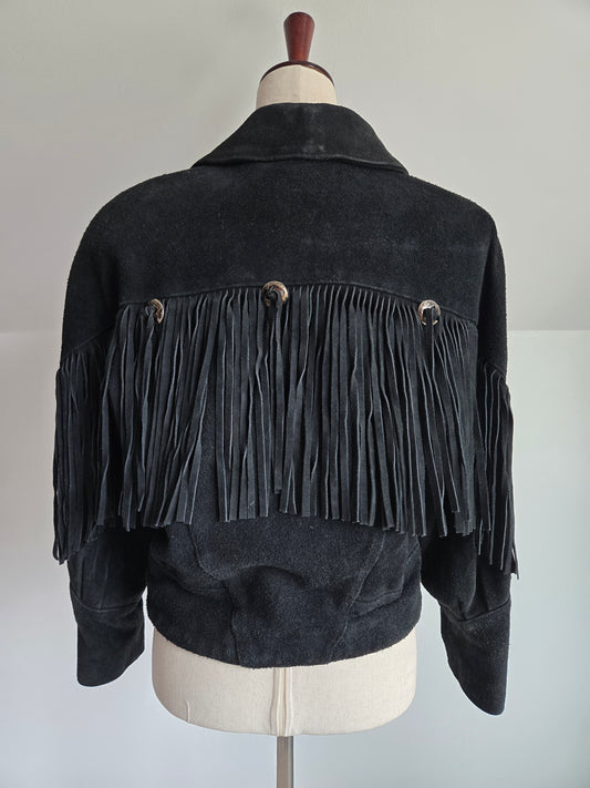 Vintage 80s Made in Korea Black Suede Fringe Leather Jacket - S/M
