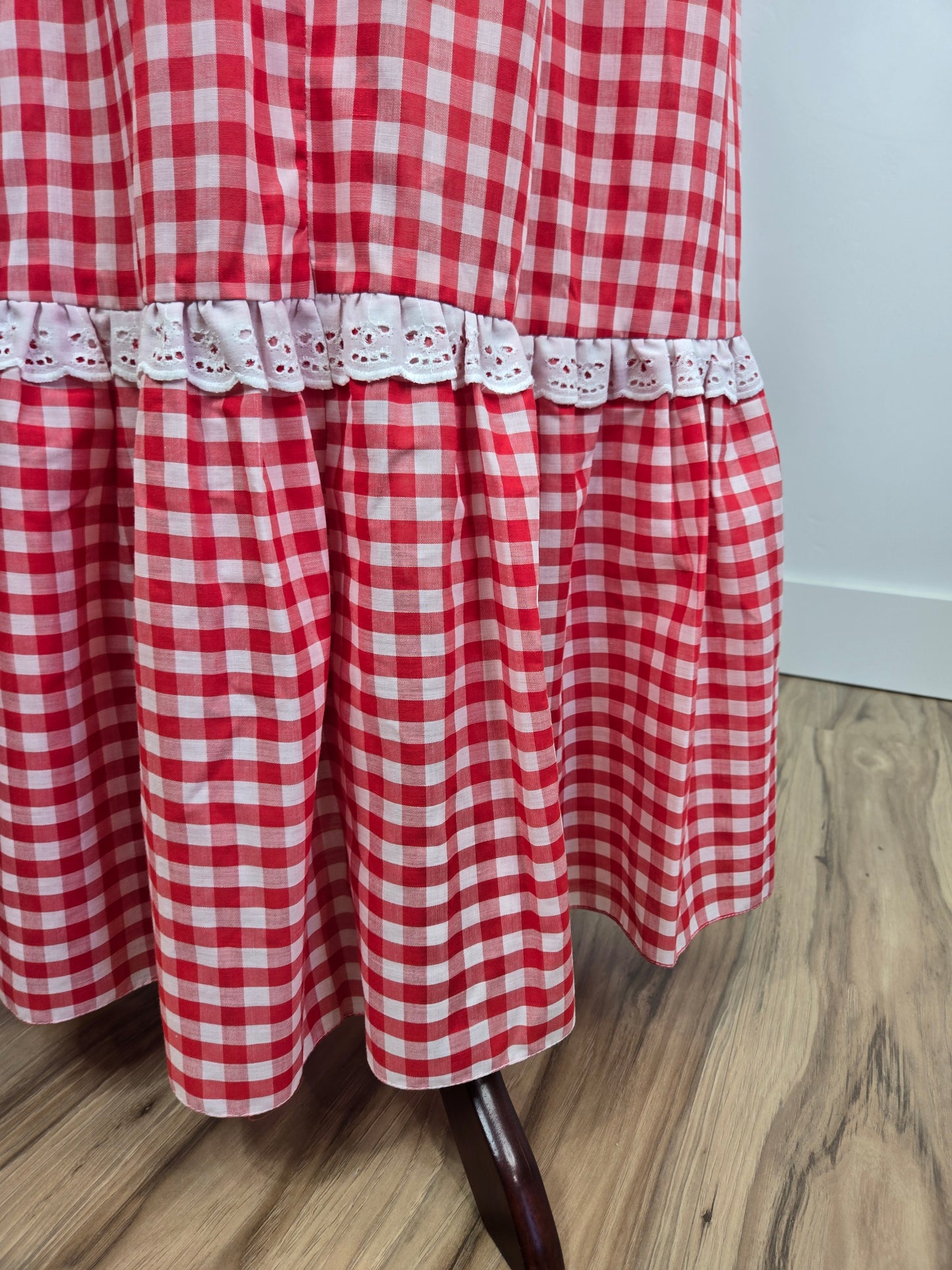 Vintage 60s Prairecore Red Gingham Dress with Eyelet Lace - small/medium