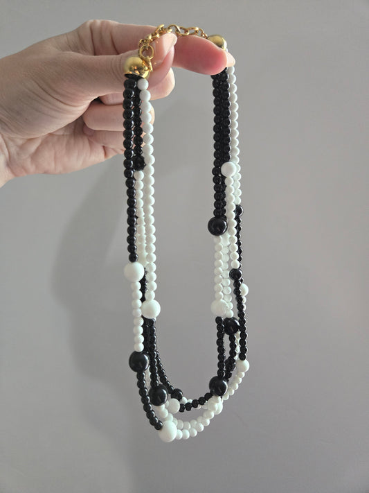 Vintage Black and White Multi Strand Beaded Necklace