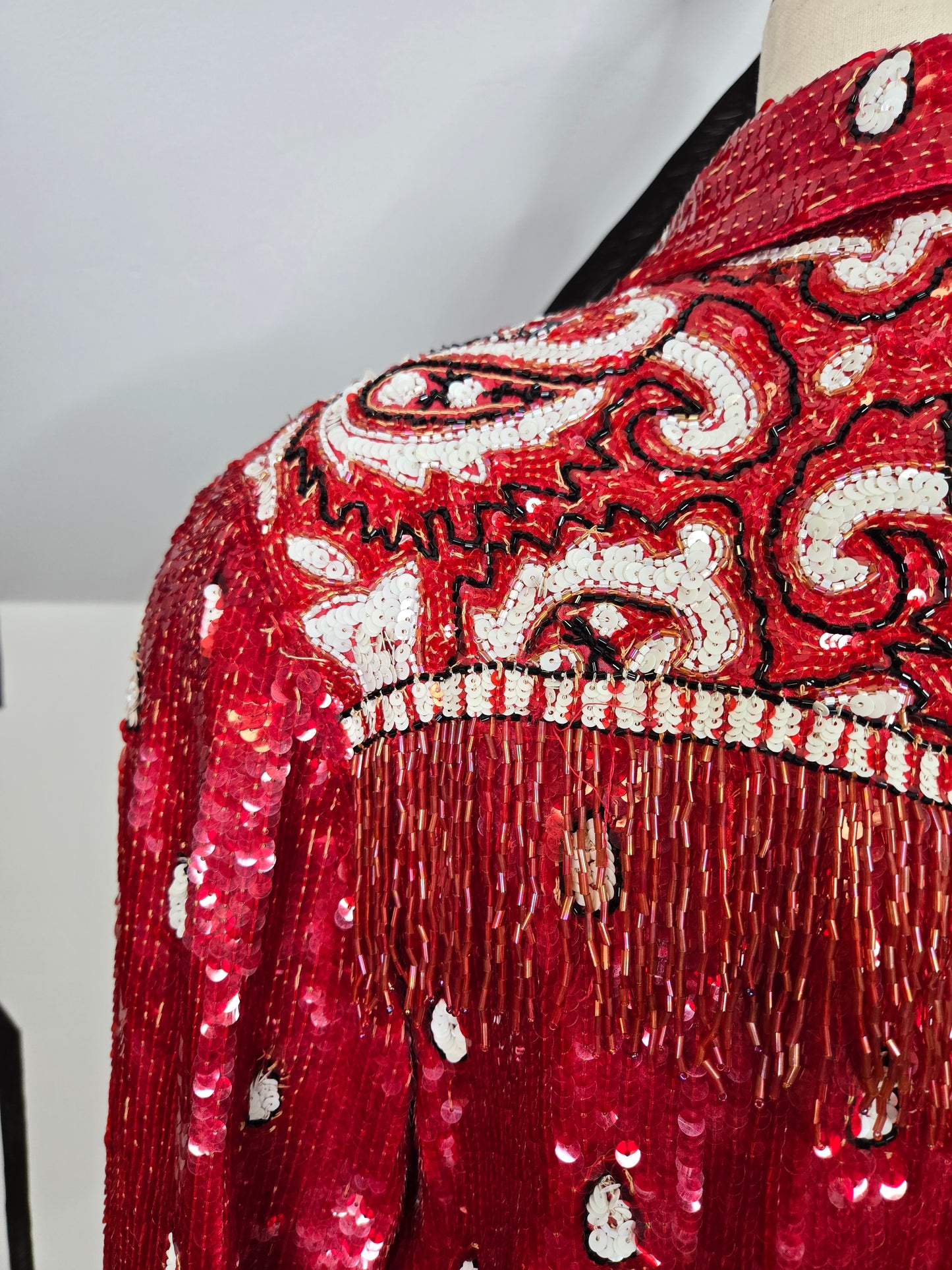 Lillie Rubin Vintage Sequin Western Crop Silk Jacket with Beaded Fringe - small