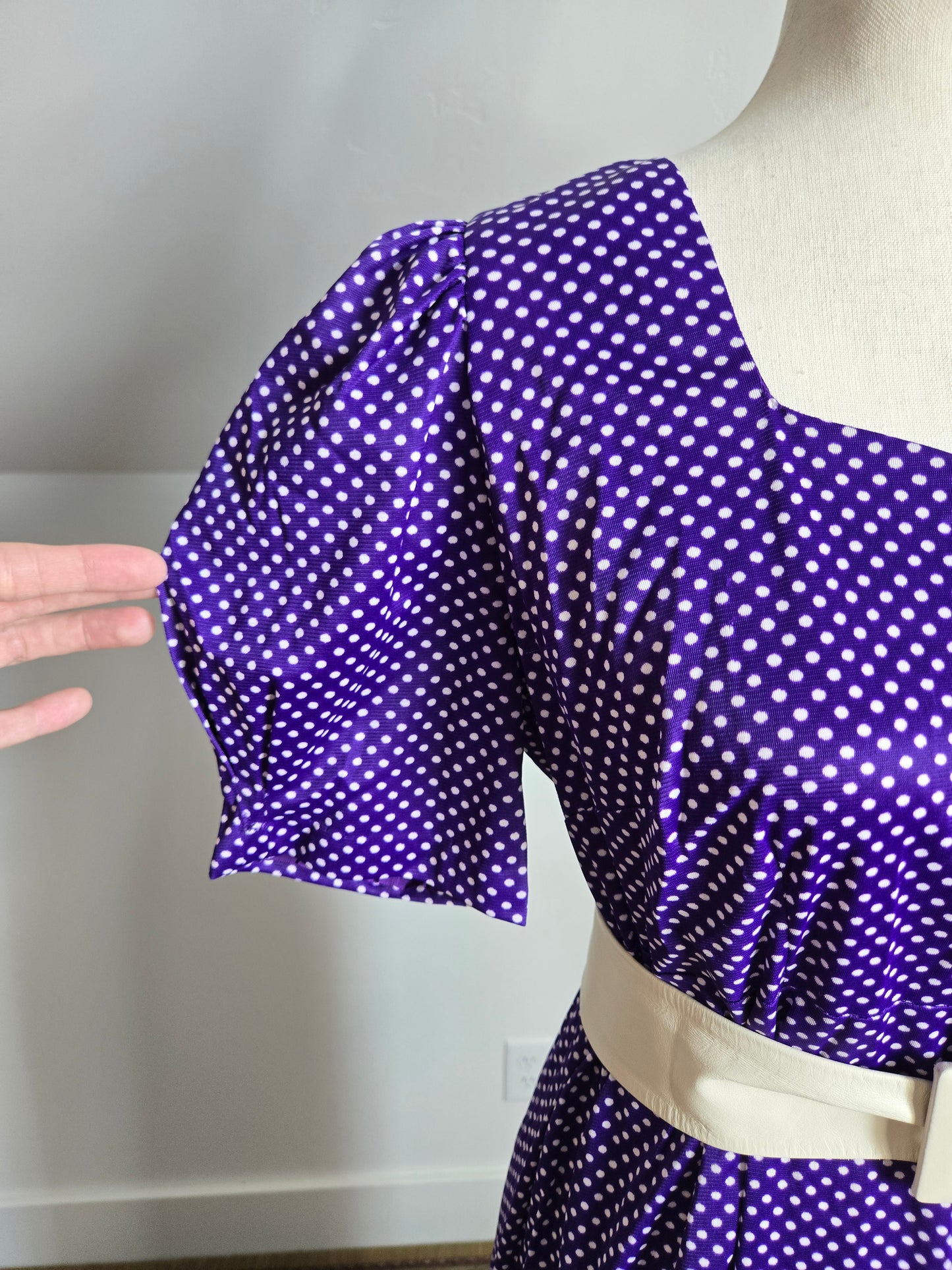 Vintage 60s Nylon Purple Polka Dot Sweetheart Dress - large