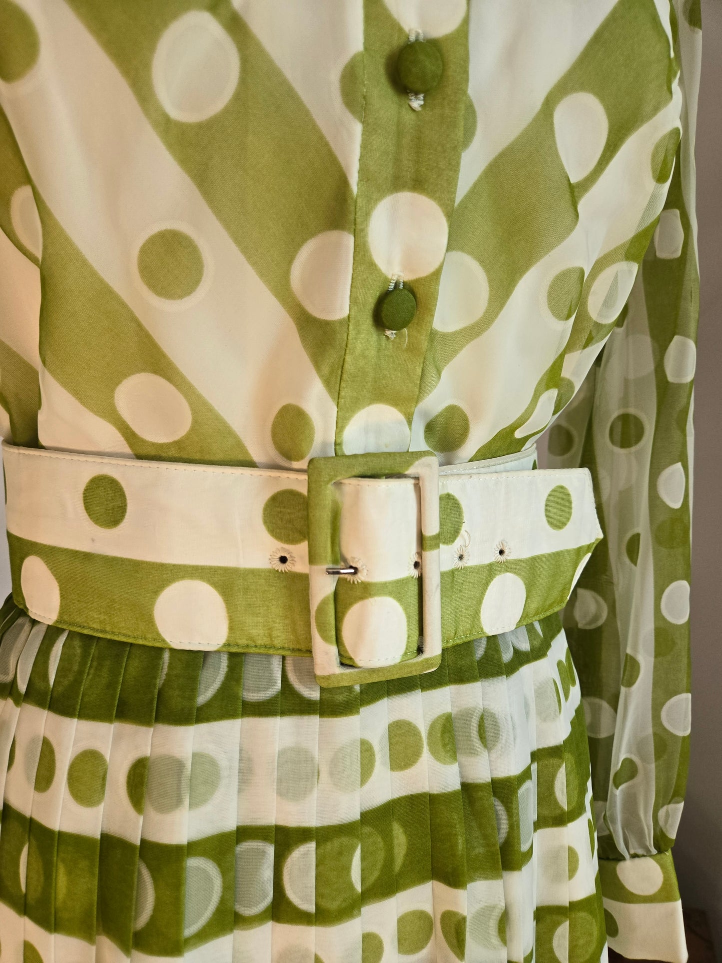 Coco California Vintage 1970s Green and White Polka Dot Stripe Dress -