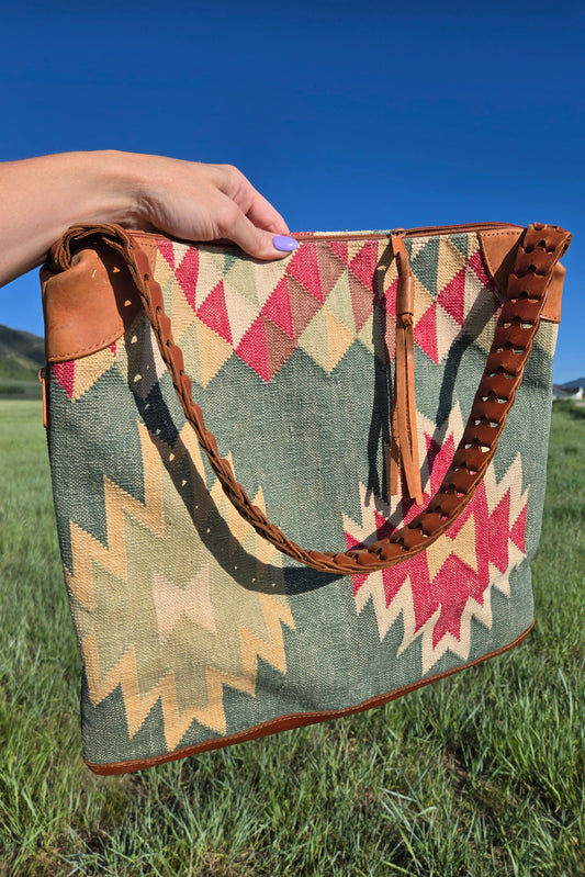 Western Wool Tapestry and Leather Shopper Bag