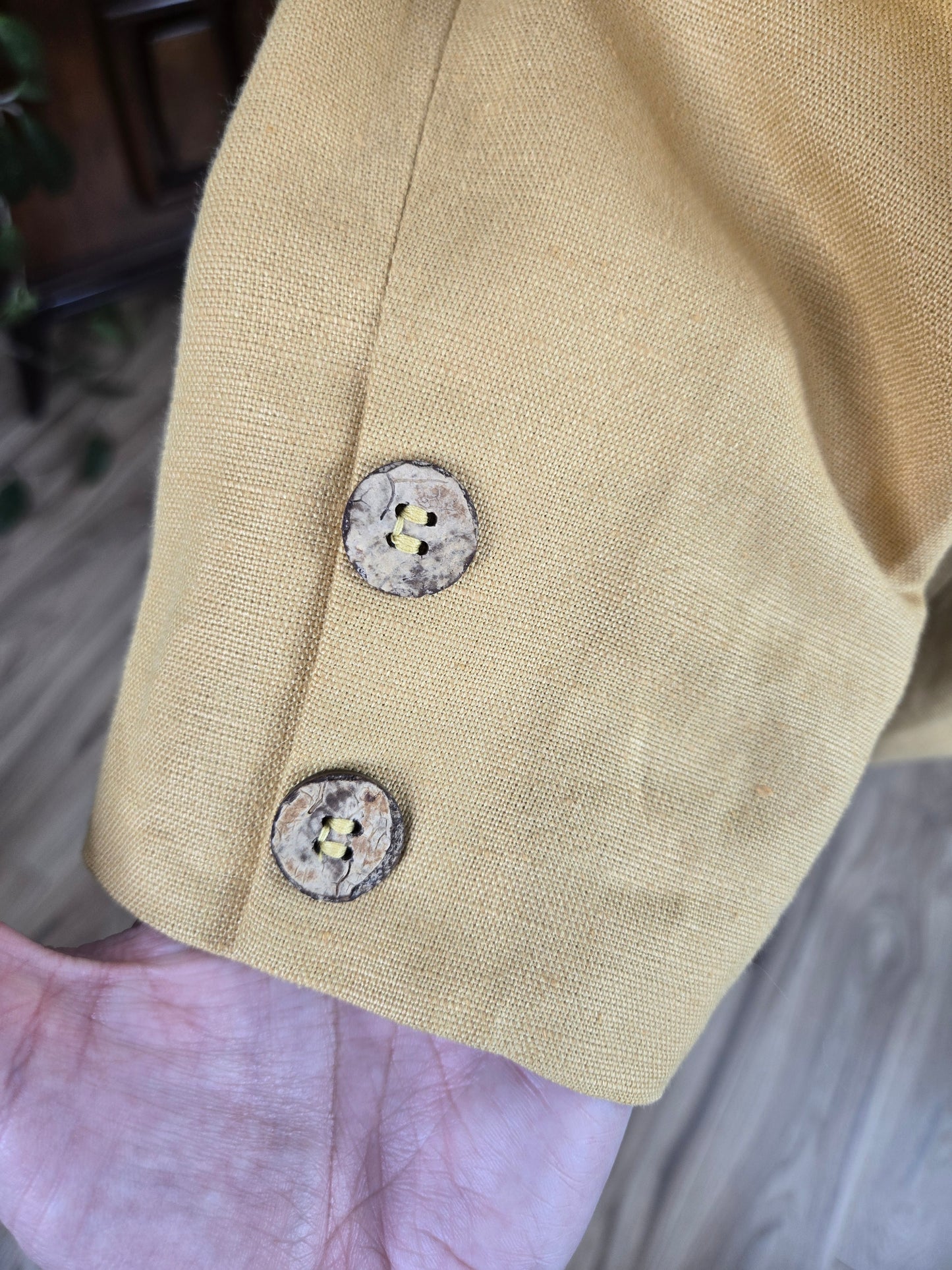 Moschery Vintage Mustard Yellow Linen Peplum Back Blazer - medium