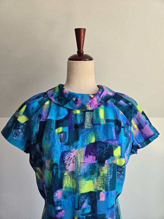 Vintage 1960s Artsy Colorful Shift Dress - L/XL