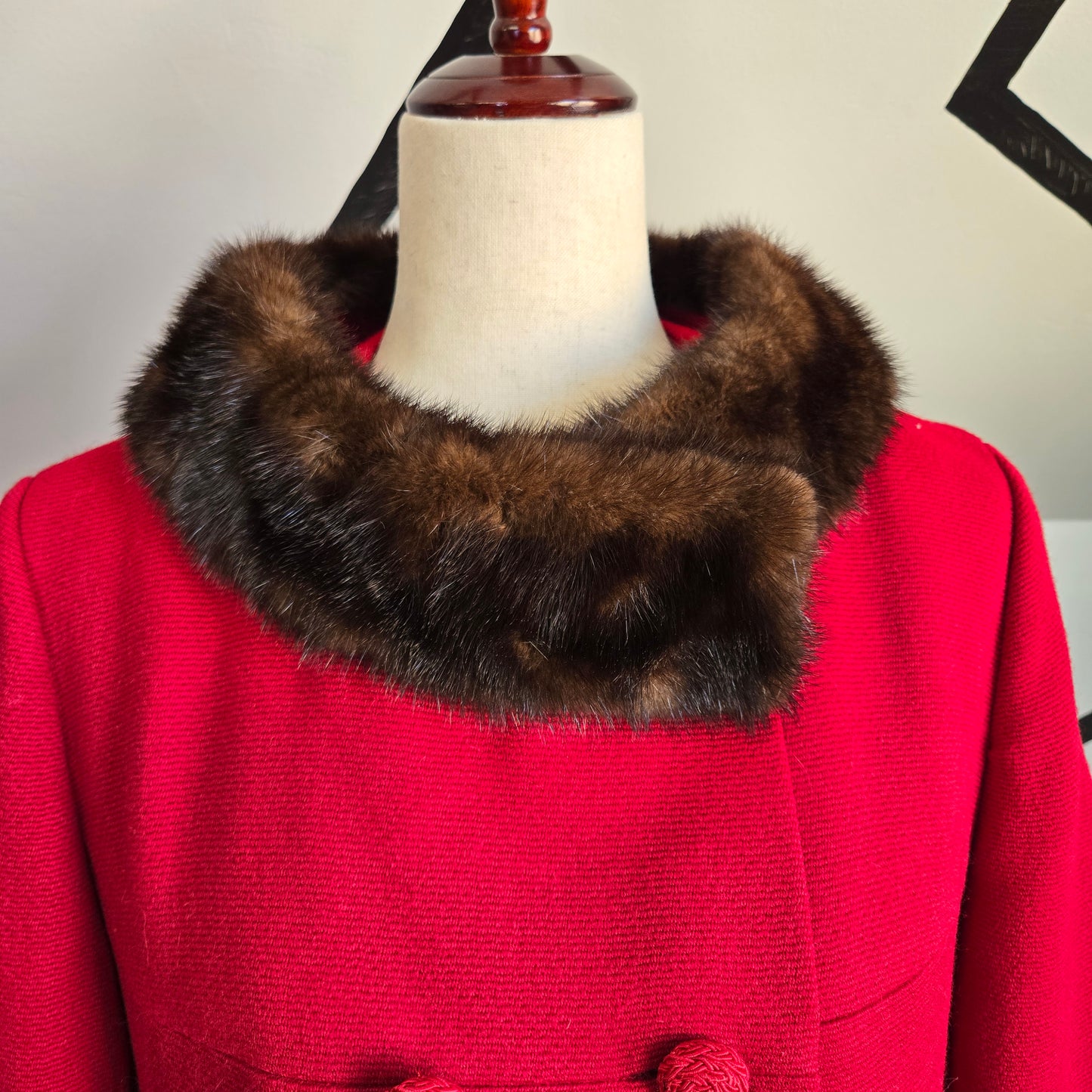 Holly Gab 1960s Red Australian Worsted Wool and Mink Fur Swing Coat - Medium