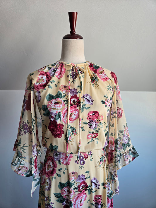 Vintage 70s Whimsical Floral Dress with Cape - S/M/L