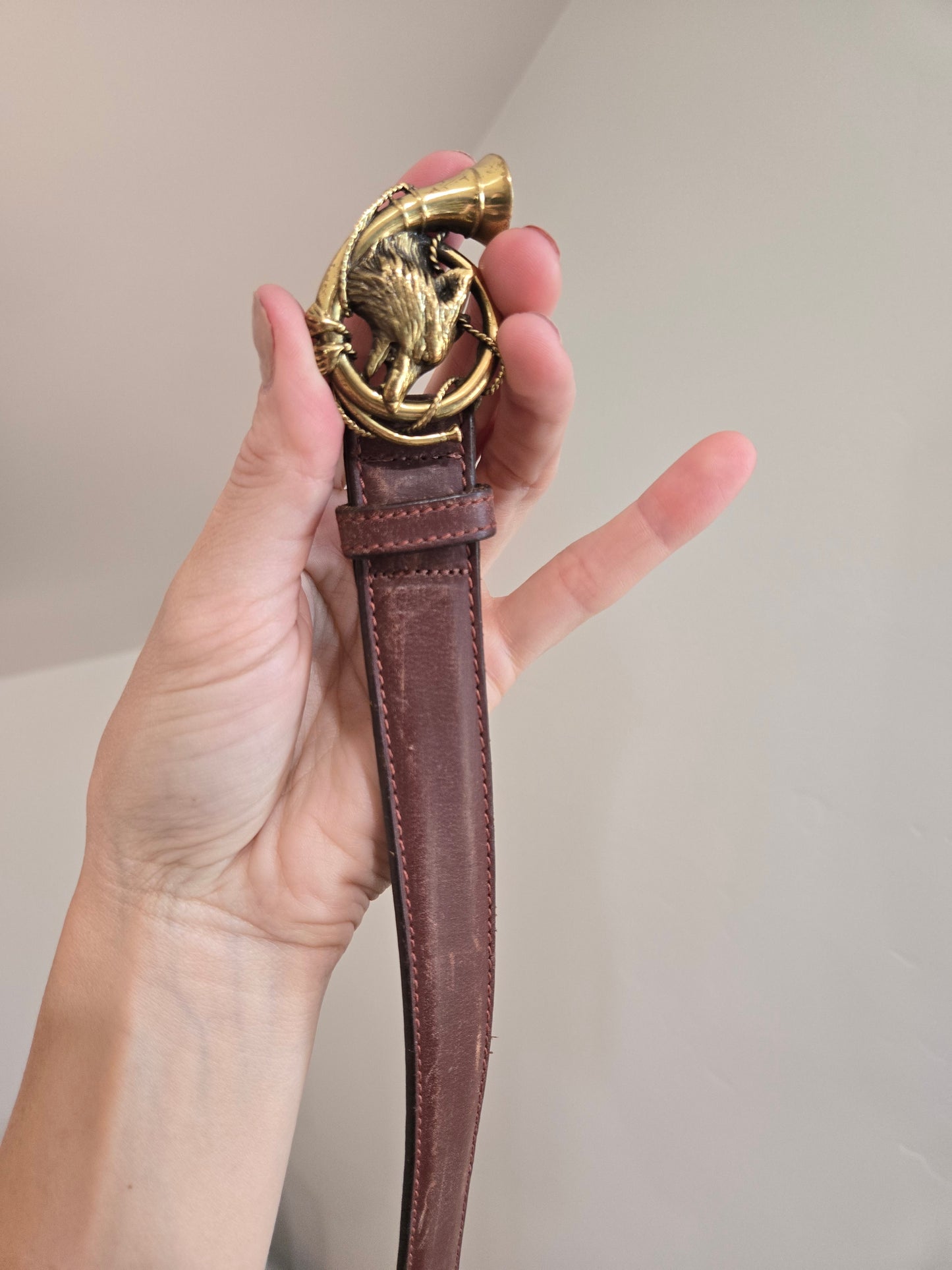 Vintage Polo Ralph Lauren Leather Belt with Fox and Horn Brass Buckle - W26-30"