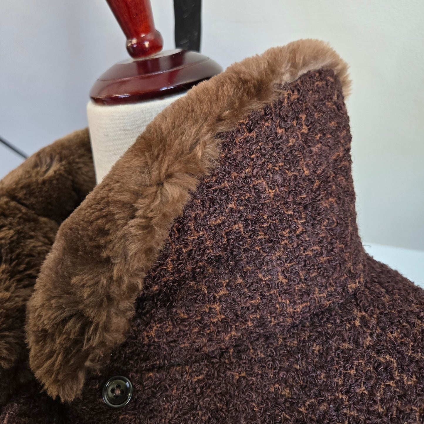 Vintage 1950s Union Made Curly Wool Peacoat with Brown Fur Collar - Large